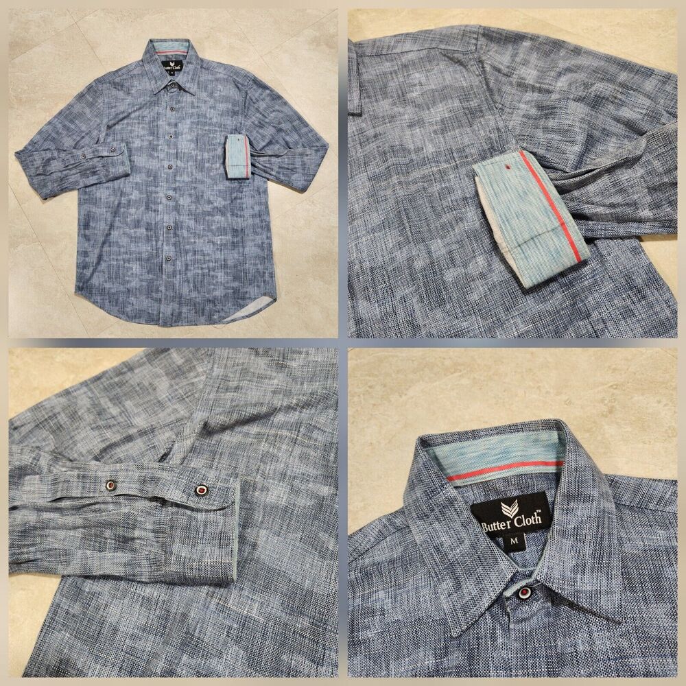 Butter Cloth Mens M Medium Flip Cuff Blue Button Up Down‎ Long Sleeve Shirt